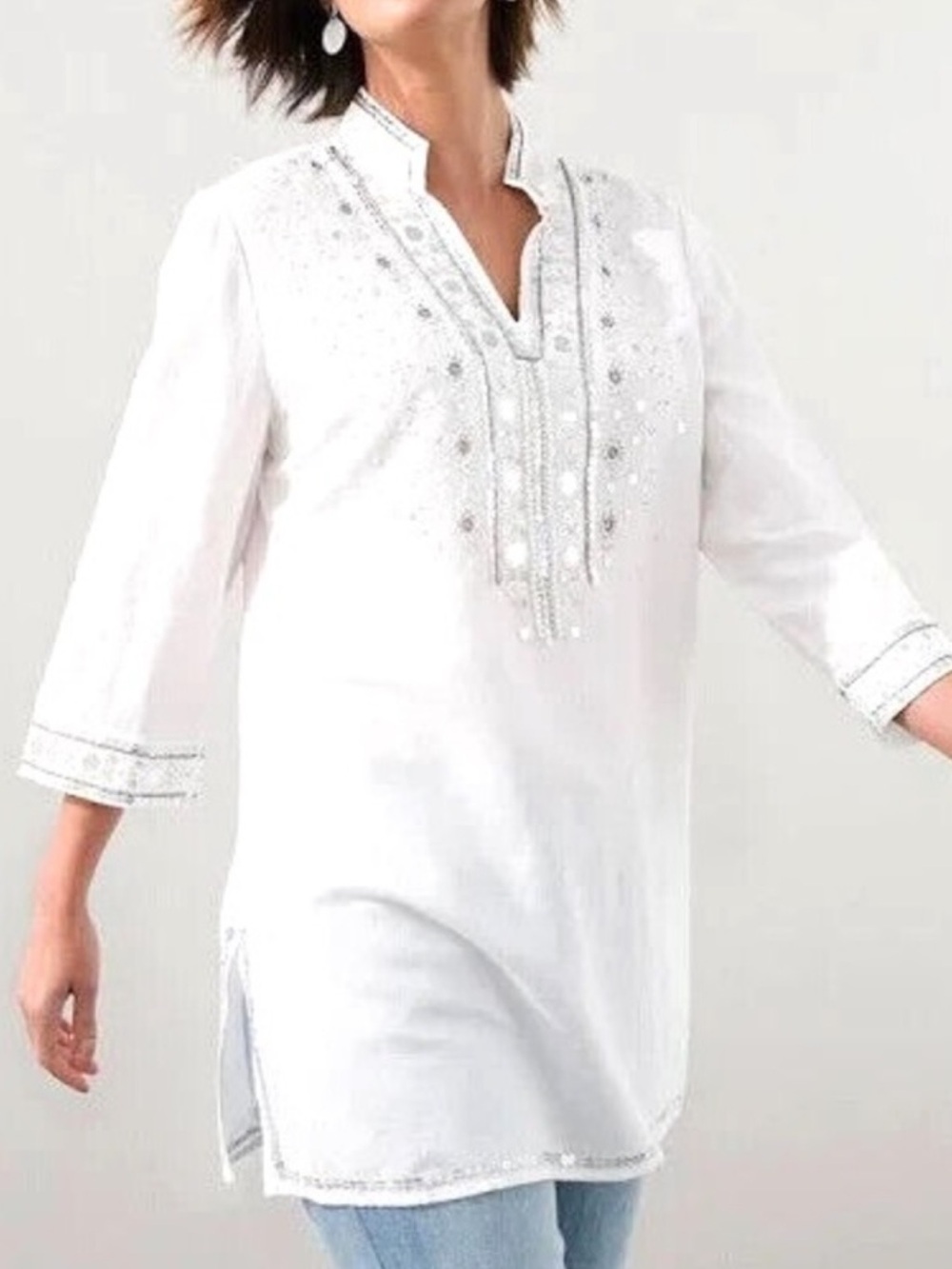Chico's White Tunic with Silver Embellished V-Neck